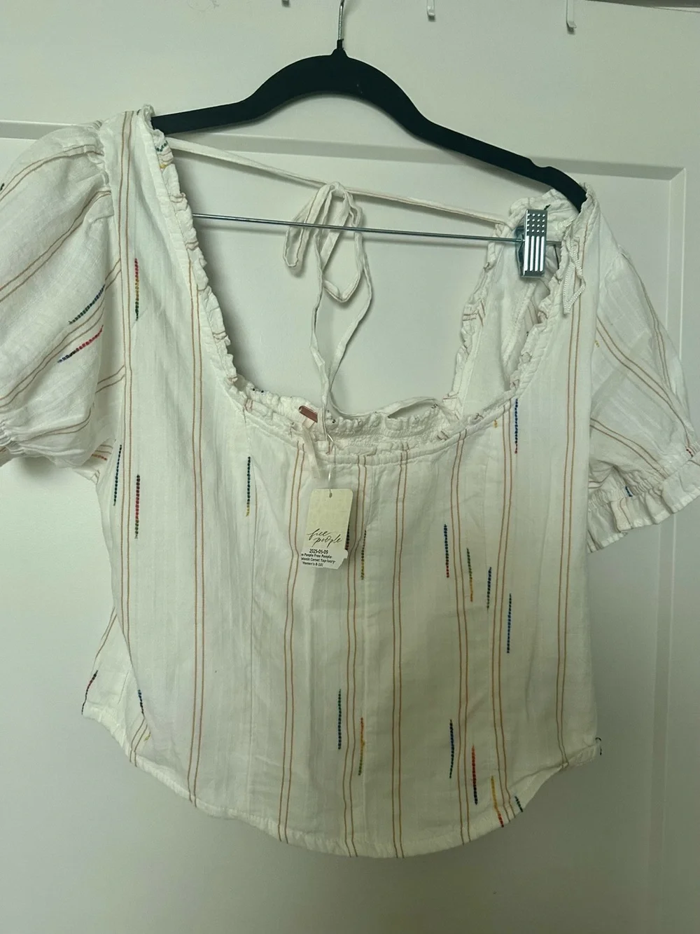 Free People Cream Peasant Top with Multi-Color Stripe Embroidery
